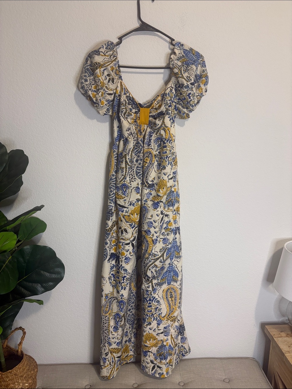 Puff-Sleeve Cream Maxi Dress with Blue & Mustard Paisley and tie back